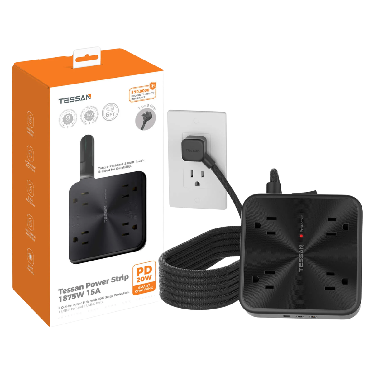 TESSAN PS03AUS Original 11in1 Power Strip with USB-C 6FT Braided Extension Cord cETLus Certified - VMI Direct