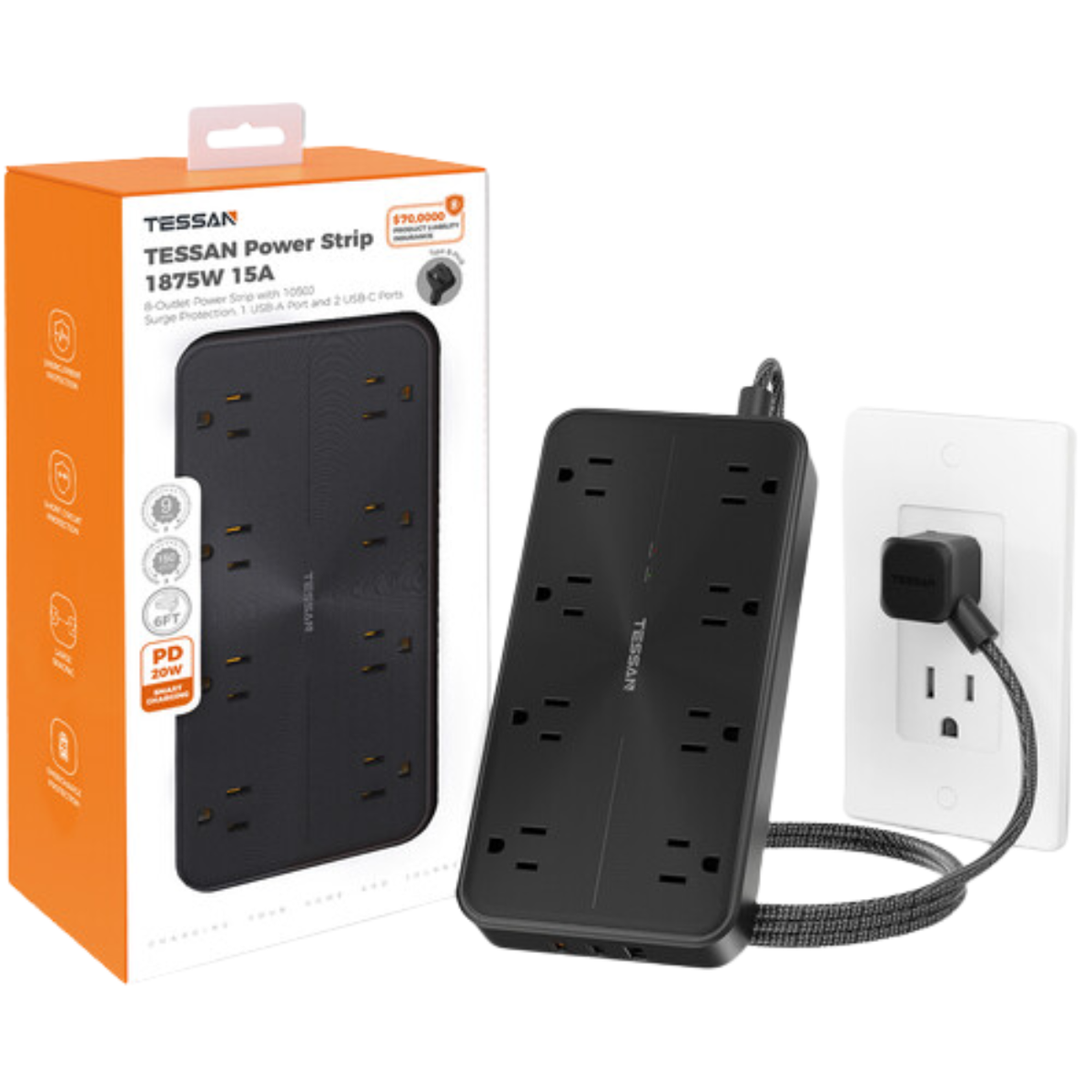 TESSAN PS02AUS Original 11in1 Power Strip 20W with USB-C 6FT Braided Extension Cord cETLus Certified - VMI Direct