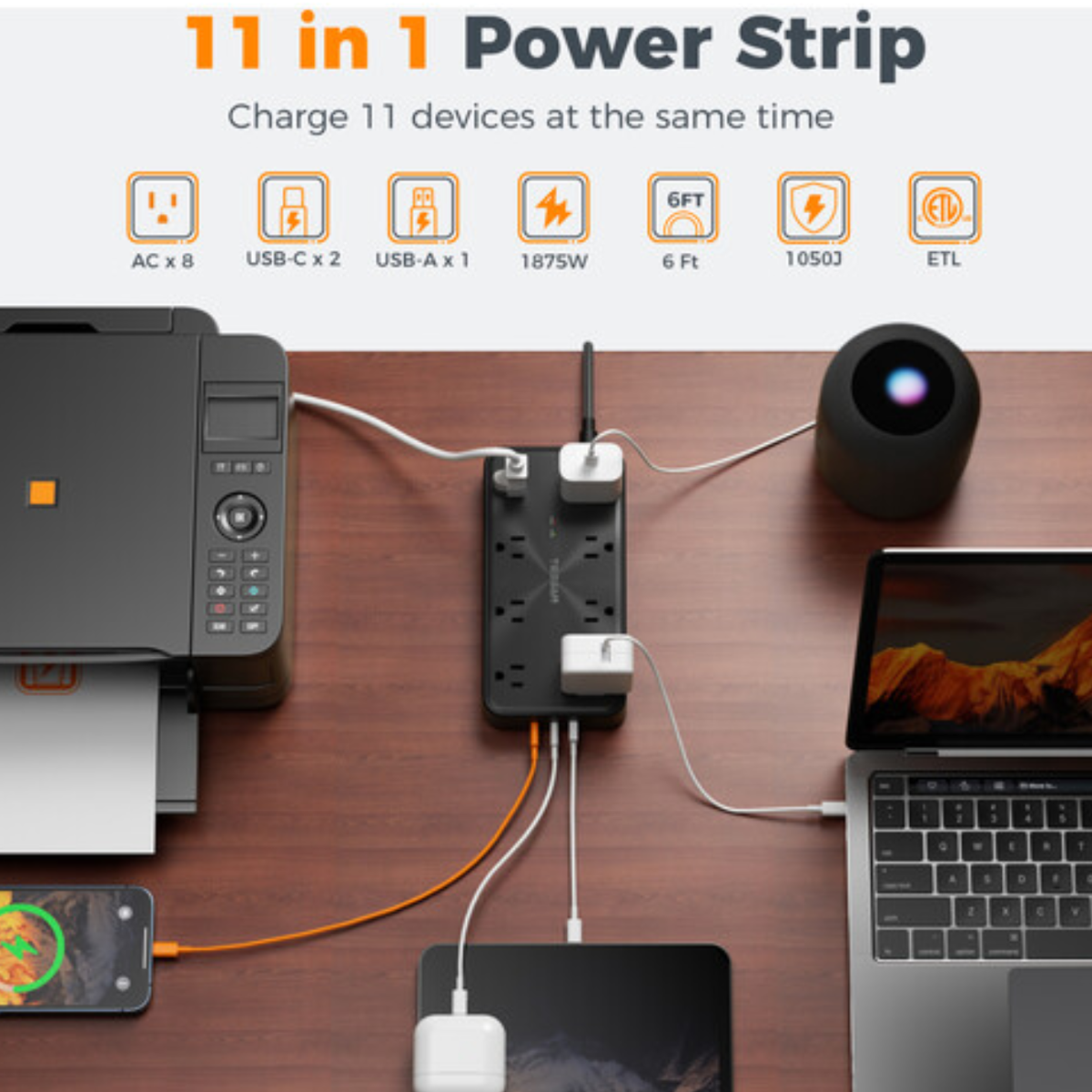 TESSAN PS02AUS Original 11in1 Power Strip 20W with USB-C 6FT Braided Extension Cord cETLus Certified - VMI Direct