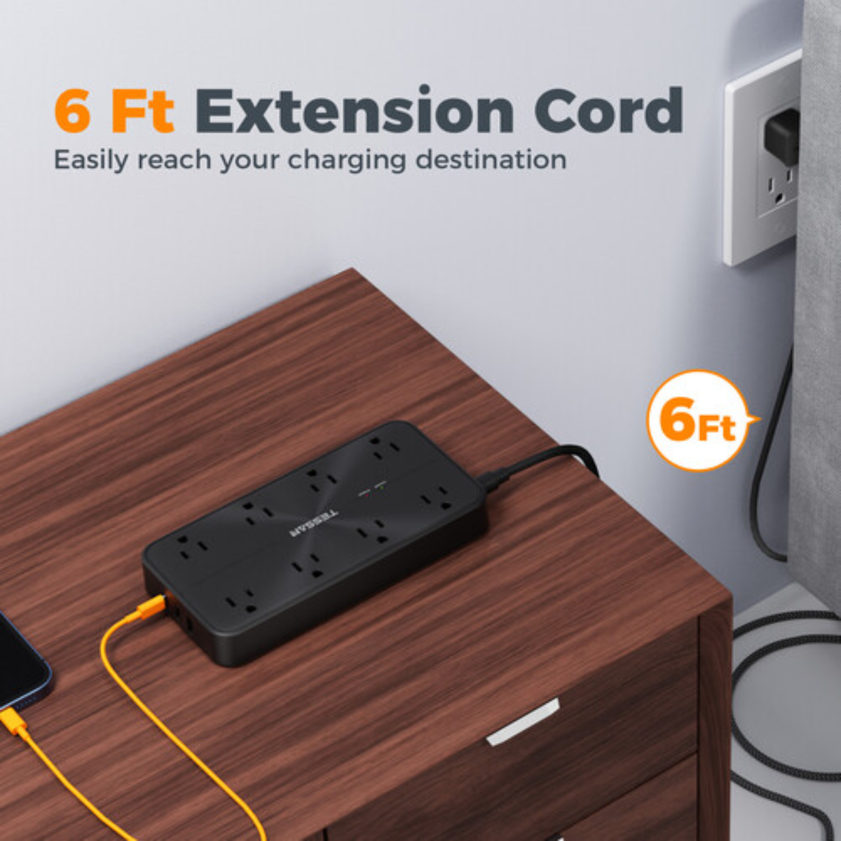 TESSAN PS02AUS Original 11in1 Power Strip 20W with USB-C 6FT Braided Extension Cord cETLus Certified - VMI Direct