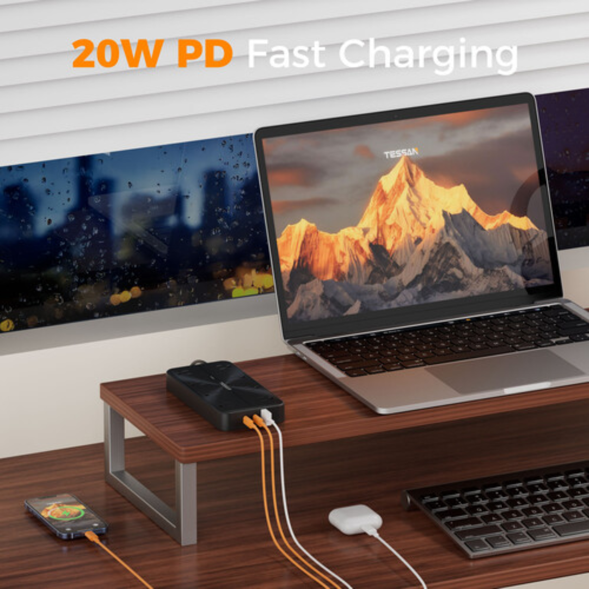 TESSAN PS02AUS Original 11in1 Power Strip 20W with USB-C 6FT Braided Extension Cord cETLus Certified - VMI Direct