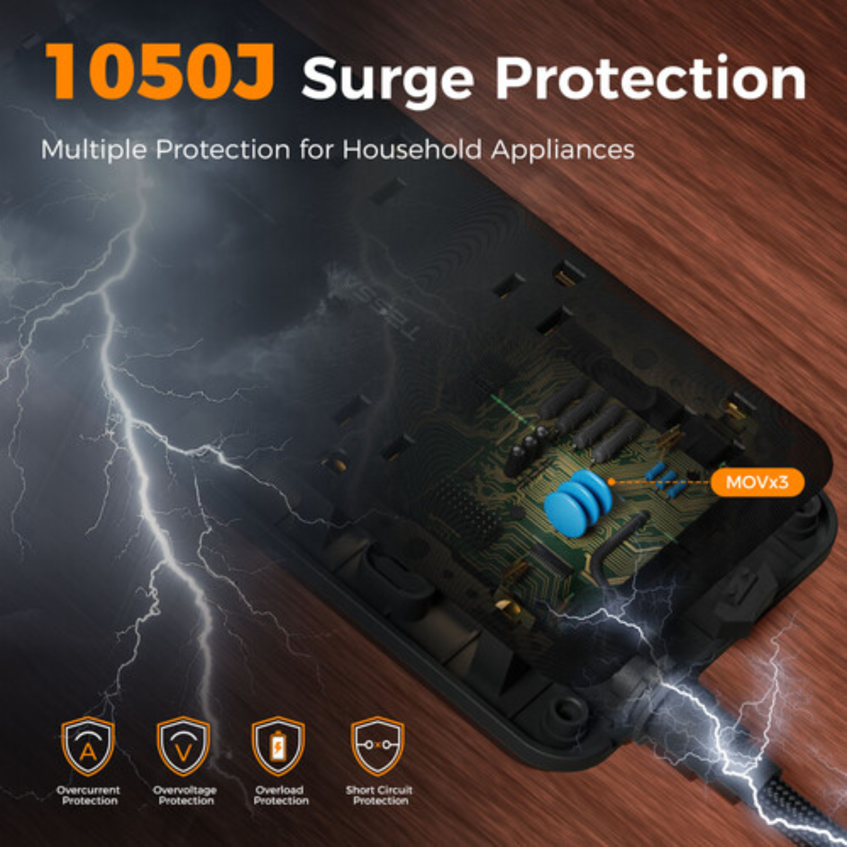 TESSAN PS02AUS Original 11in1 Power Strip 20W with USB-C 6FT Braided Extension Cord cETLus Certified - VMI Direct
