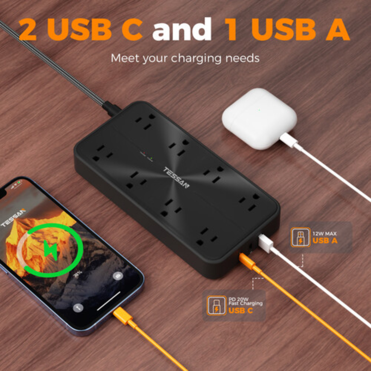 TESSAN PS02AUS Original 11in1 Power Strip 20W with USB-C 6FT Braided Extension Cord cETLus Certified - VMI Direct