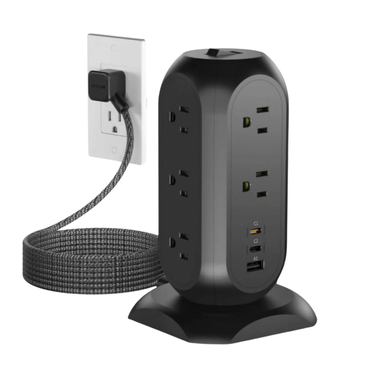 TESSAN TPS01AUS 14 in 1Tower  Power Strip 6FT 11AC 3USB Braided Extension Cord Universal Compatibility with USB-C Fast Charging cETLus Certified - VMI Direct