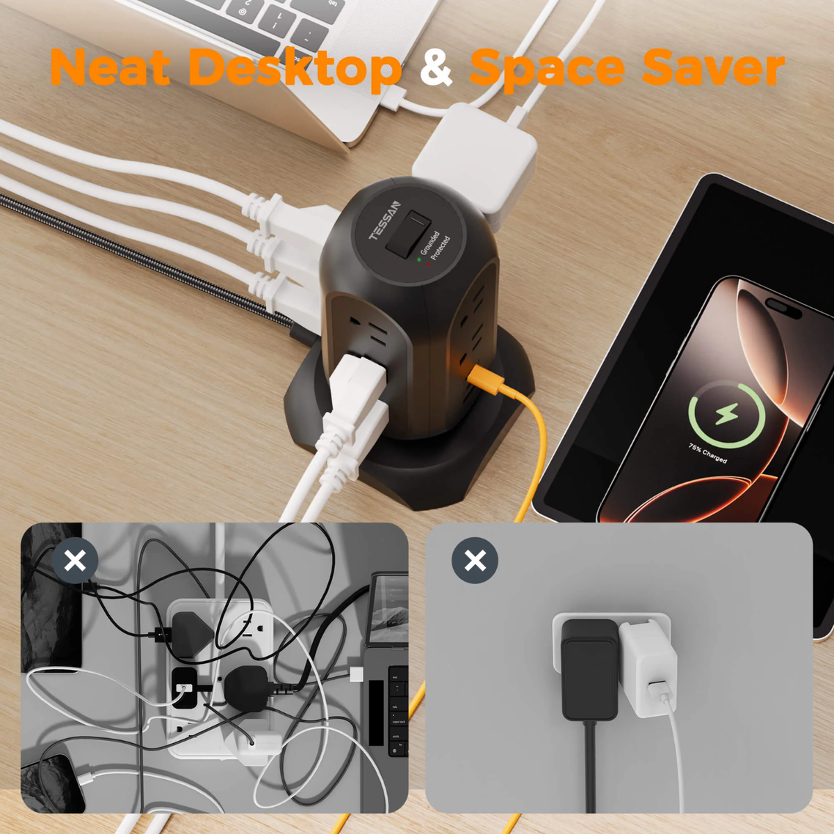 TESSAN TPS01AUS 14 in 1Tower  Power Strip 6FT 11AC 3USB Braided Extension Cord Universal Compatibility with USB-C Fast Charging cETLus Certified - VMI Direct