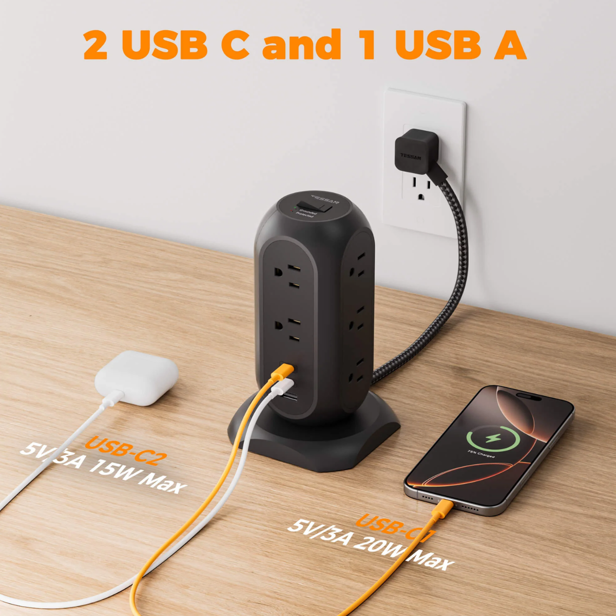 TESSAN TPS01AUS 14 in 1Tower  Power Strip 6FT 11AC 3USB Braided Extension Cord Universal Compatibility with USB-C Fast Charging cETLus Certified - VMI Direct