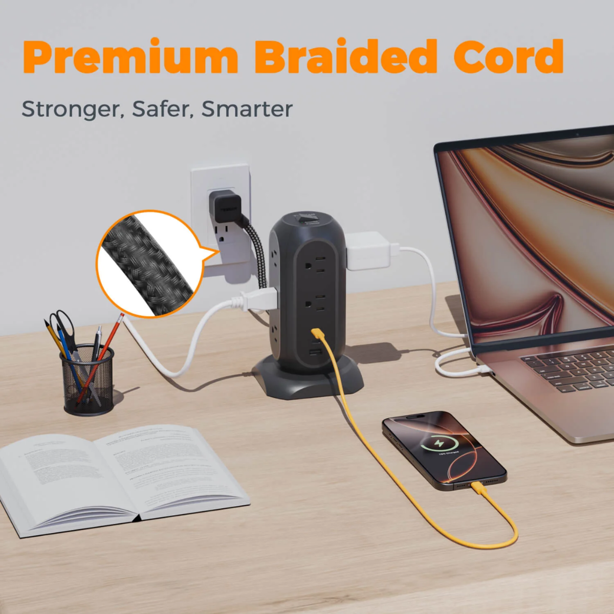 TESSAN TPS01AUS 14 in 1Tower  Power Strip 6FT 11AC 3USB Braided Extension Cord Universal Compatibility with USB-C Fast Charging cETLus Certified - VMI Direct