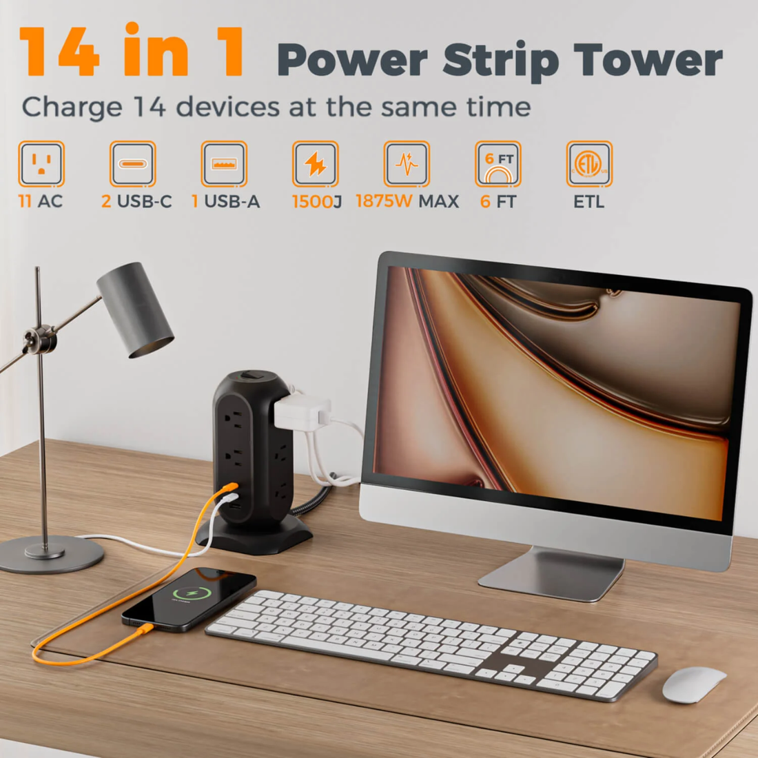 TESSAN TPS01AUS 14 in 1Tower  Power Strip 6FT 11AC 3USB Braided Extension Cord Universal Compatibility with USB-C Fast Charging cETLus Certified - VMI Direct