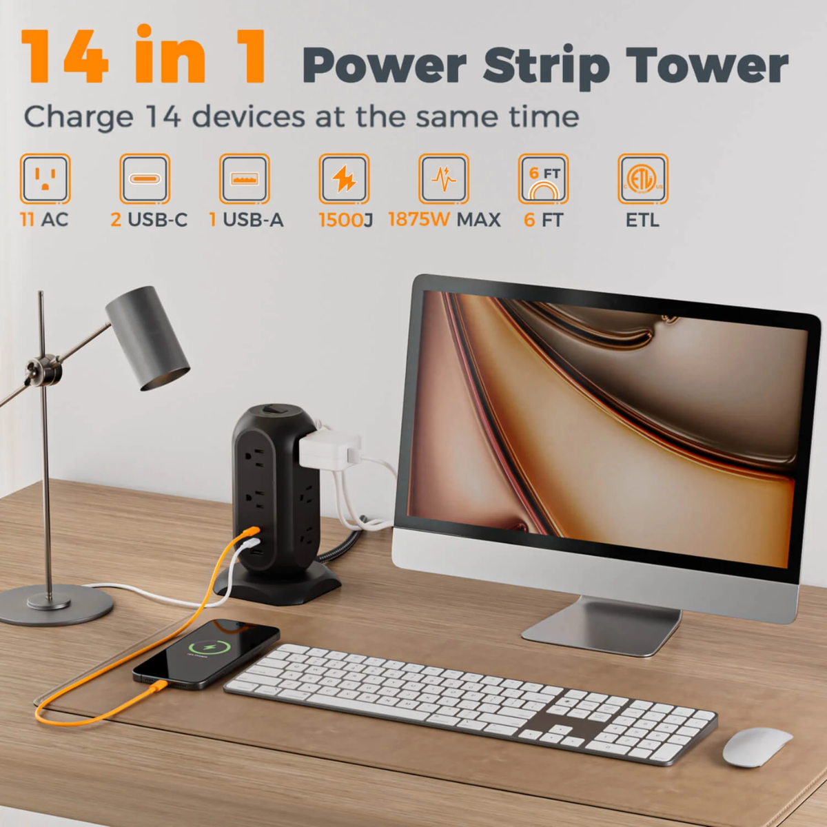 TESSAN TPS01AUS 14 in 1Tower  Power Strip 6FT 11AC 3USB Braided Extension Cord Universal Compatibility with USB-C Fast Charging cETLus Certified - VMI Direct