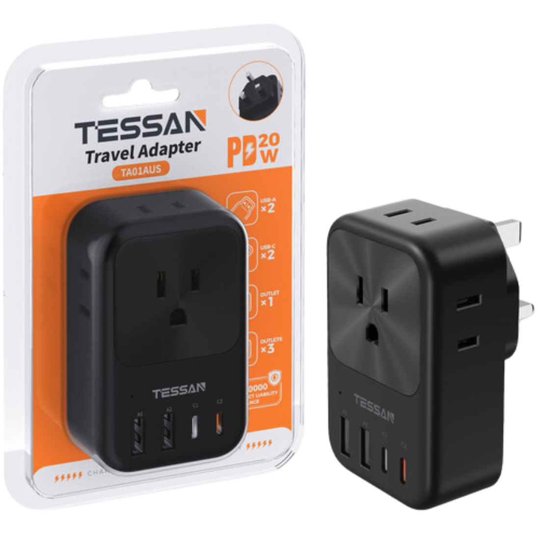TESSAN TA01AUS Original Universal Travel Adapter 20W USB-C Fast Charging Outlets Compact Portable Design - VMI