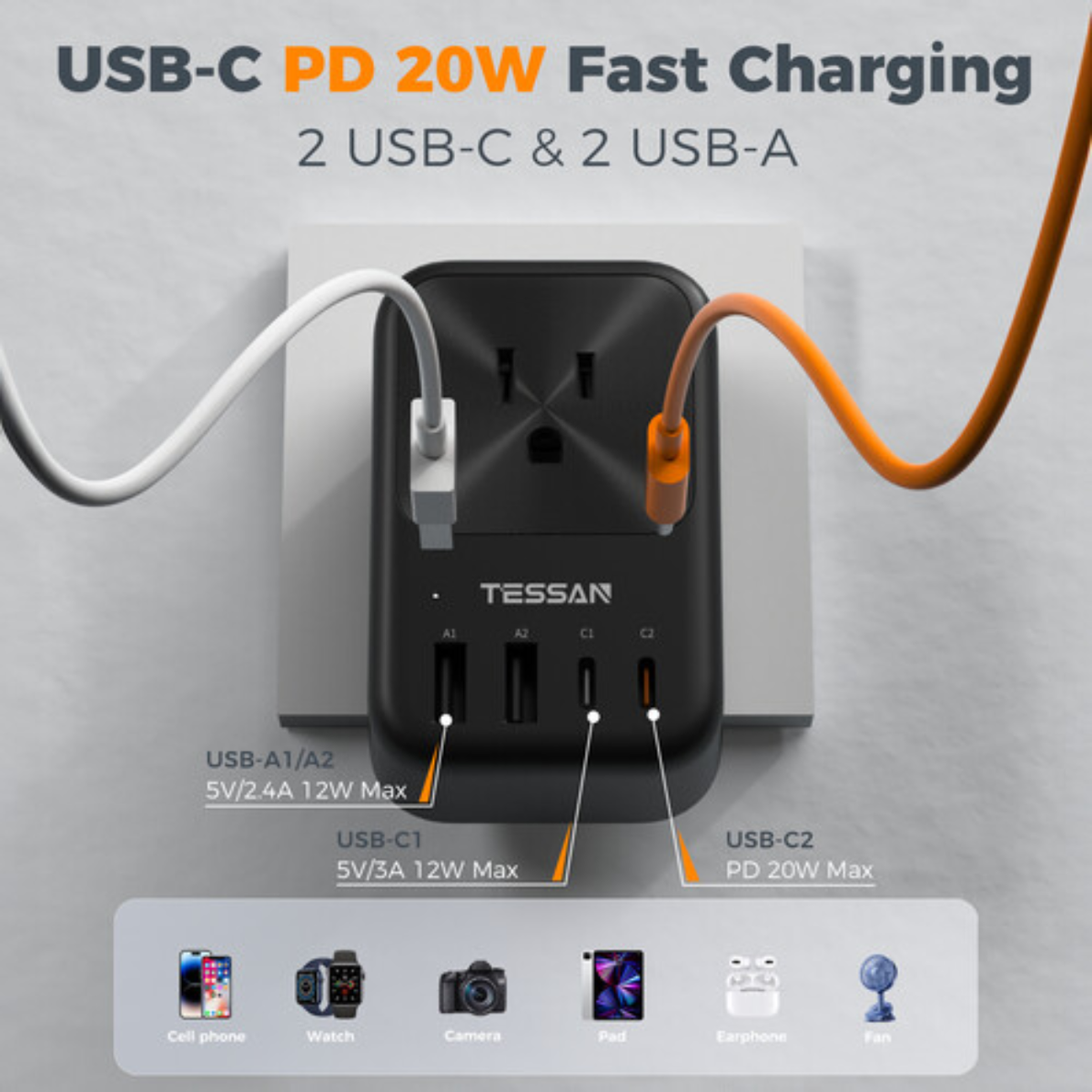 TESSAN TA01AUS Original Universal Travel Adapter 20W USB-C Fast Charging Outlets Compact Portable Design - VMI