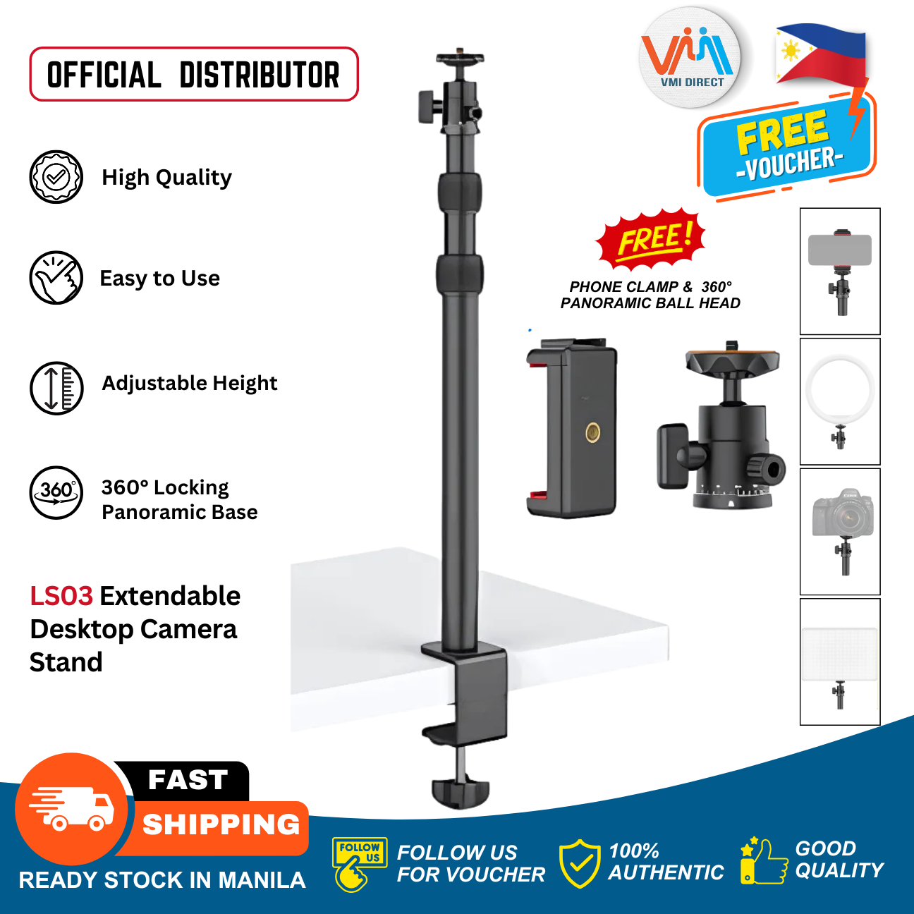 LS03 Extendable Desk Mount Camera Stand With Smartphone Clamp, 360 Ball Head For Livestreaming VMI