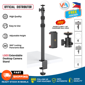 LS03 Extendable Desk Mount Camera Stand With Smartphone Clamp, 360 Ball Head For Livestreaming VMI