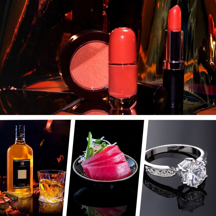 Acrylic Reflective Display Board showcasing beauty products, seafood, and a diamond ring for vibrant photography