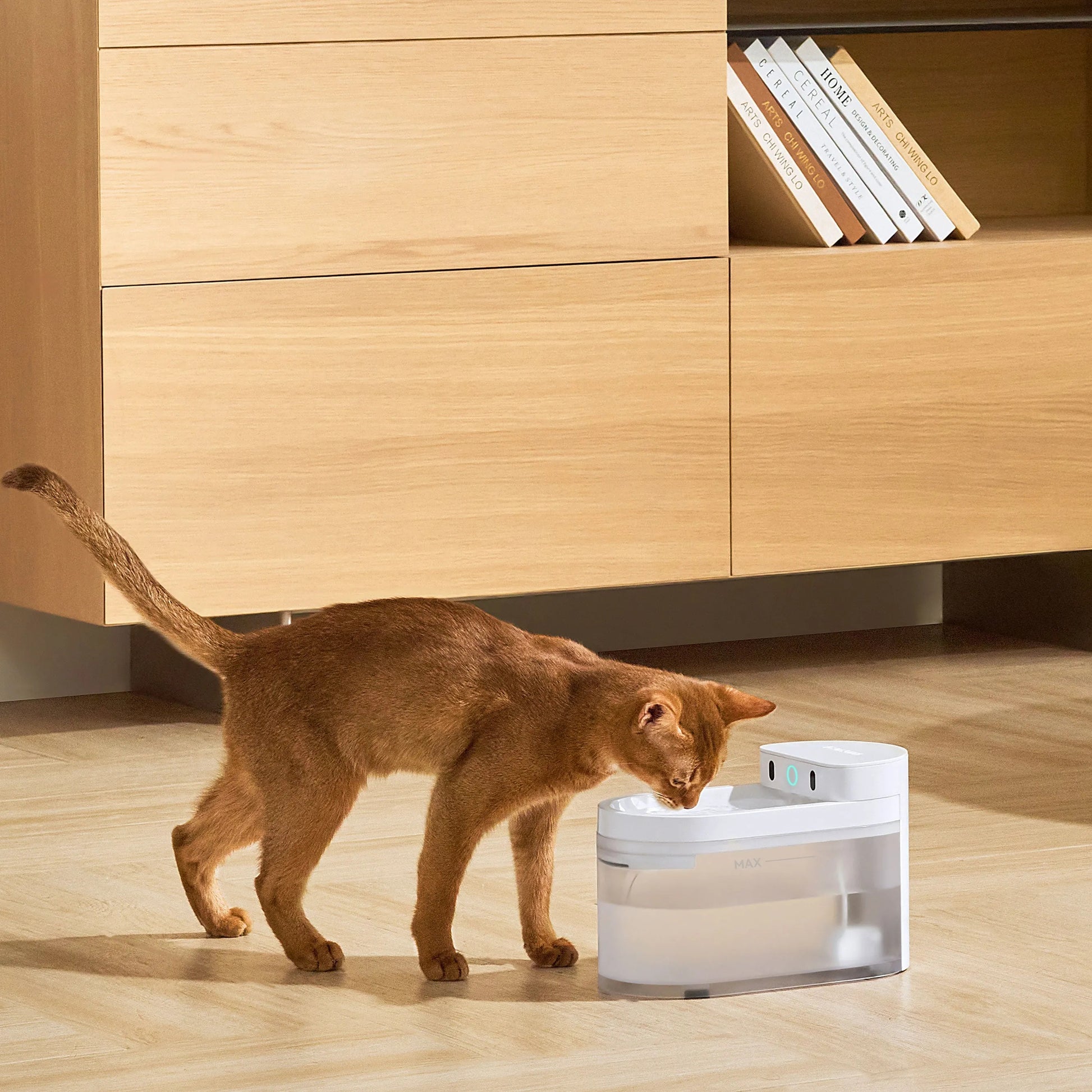 Cat drinking from the AI Wireless Water Fountain designed for pet hydration and convenience