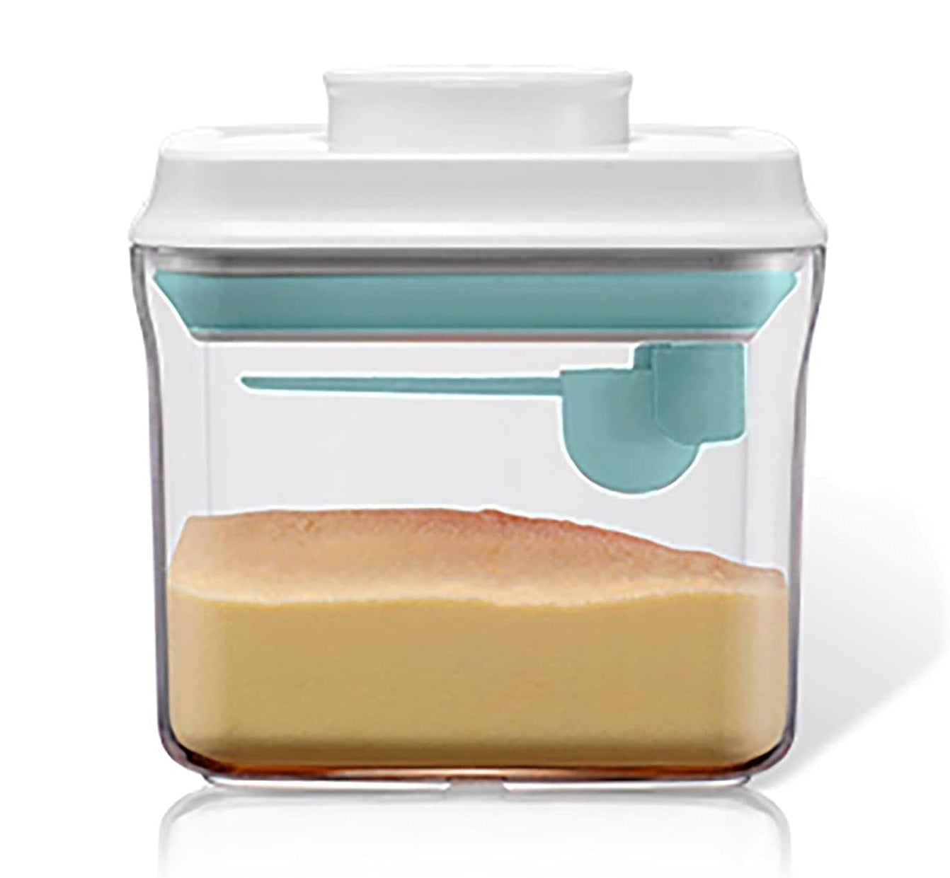 Clear VMIDirect Airtight Food Jar with a blue lid and built-in measuring scoop for easy storage