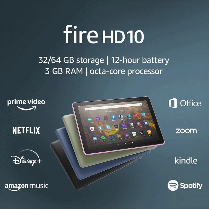 Fire HD Tablet with 32 or 64 GB storage, 12-hour battery, and octa-core processor features