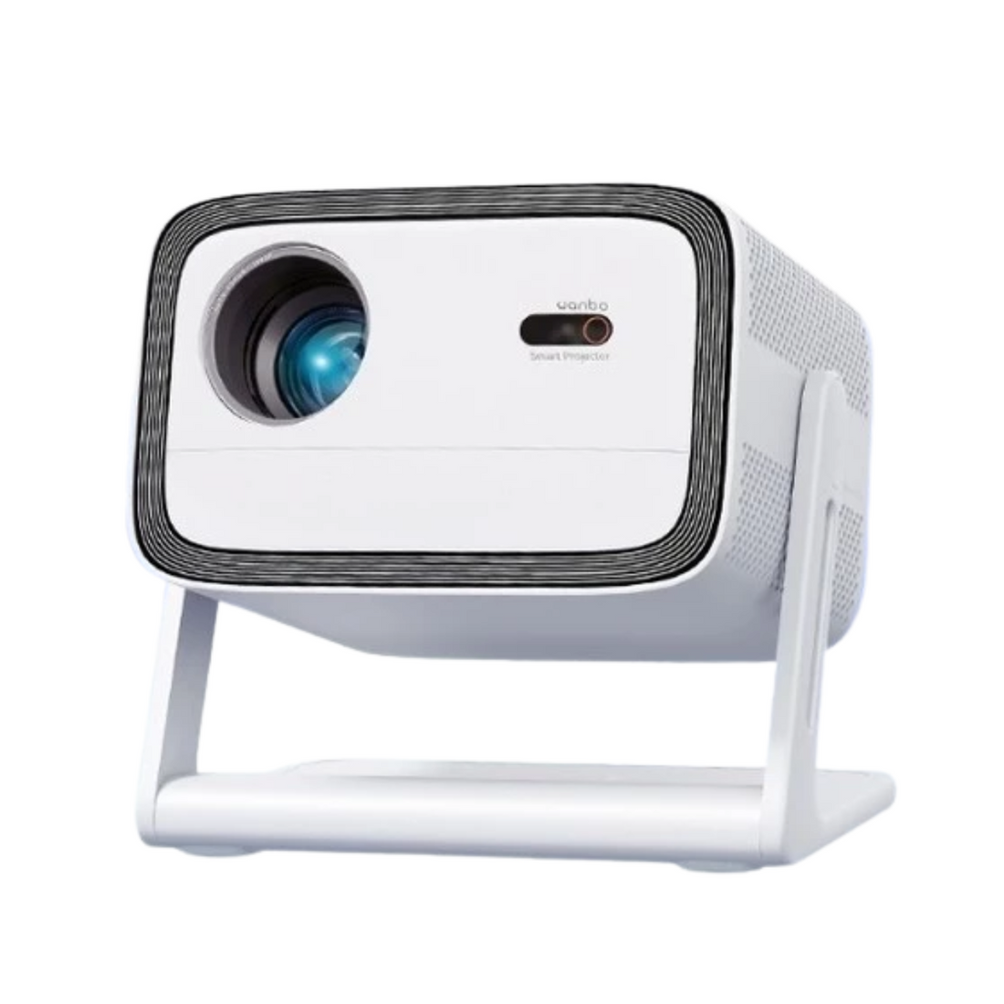 Android TV 11.0 portable projector in white with compact design and adjustable stand