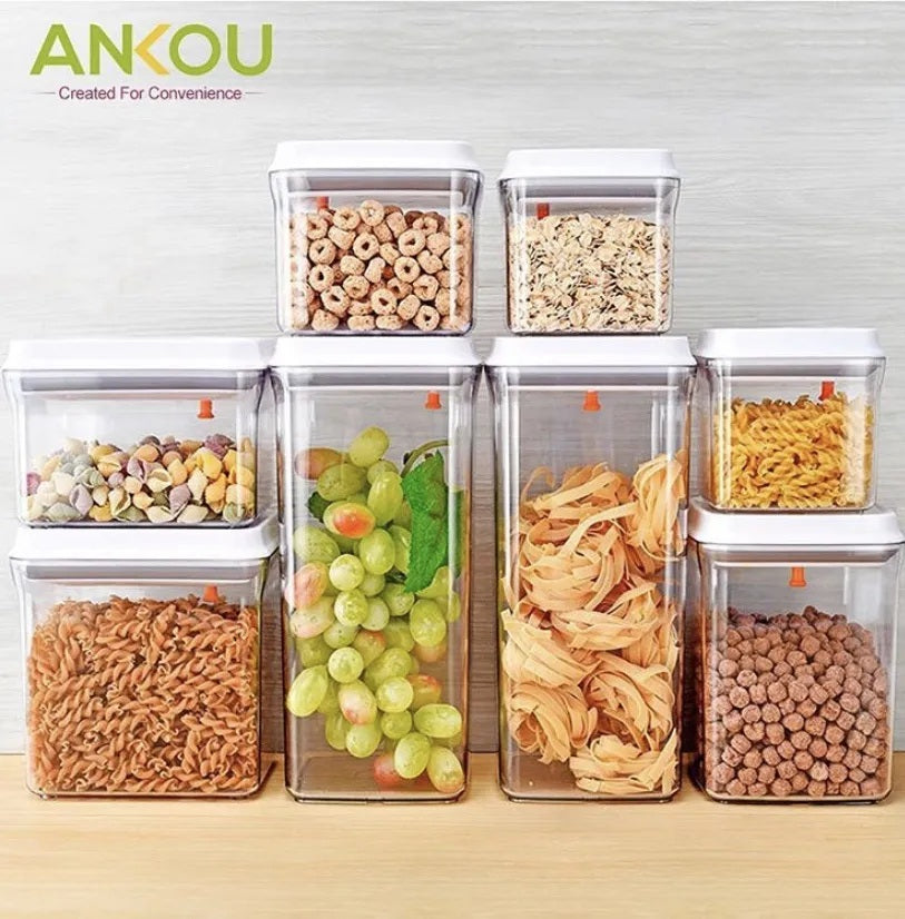 Set of transparent airtight food storage containers for organizing grains, snacks, and pasta with secure lids