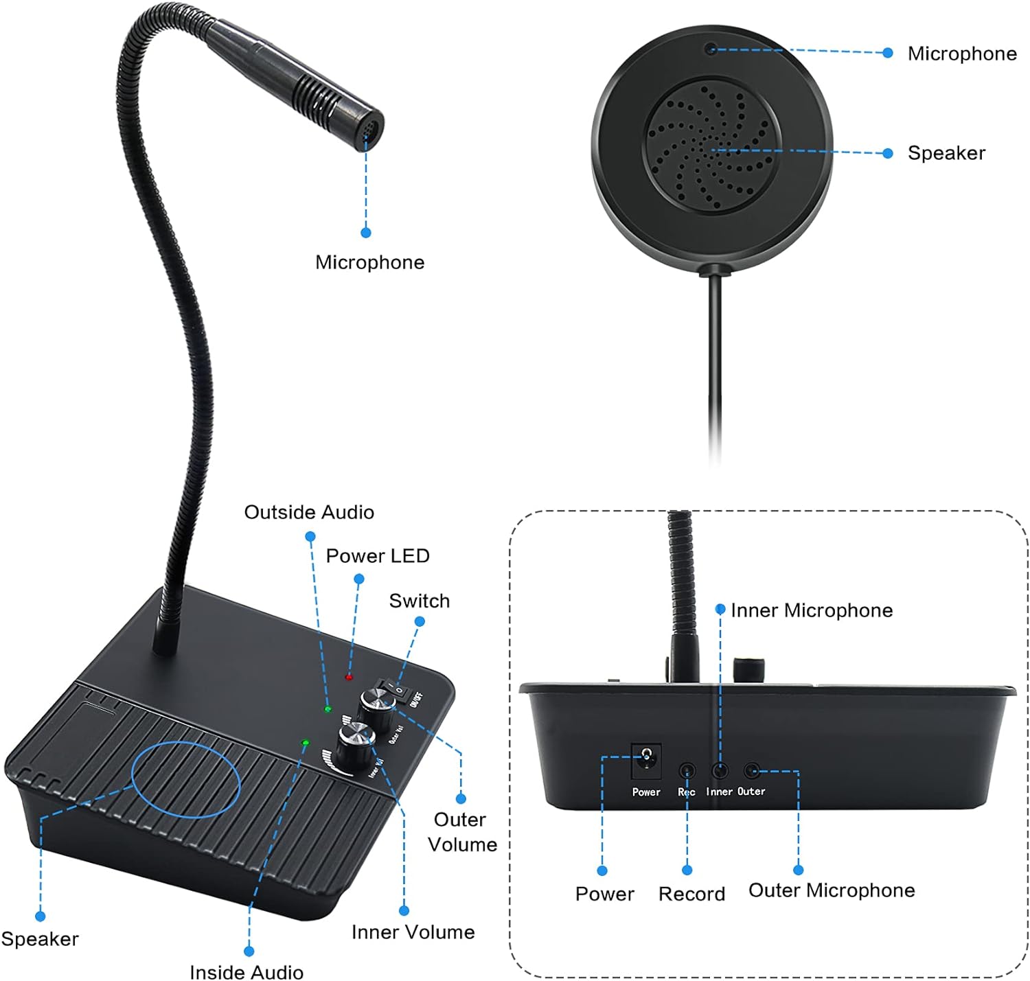 Anti-Interference Window Microphone with flexible gooseneck, speaker, volume controls, and recording switch