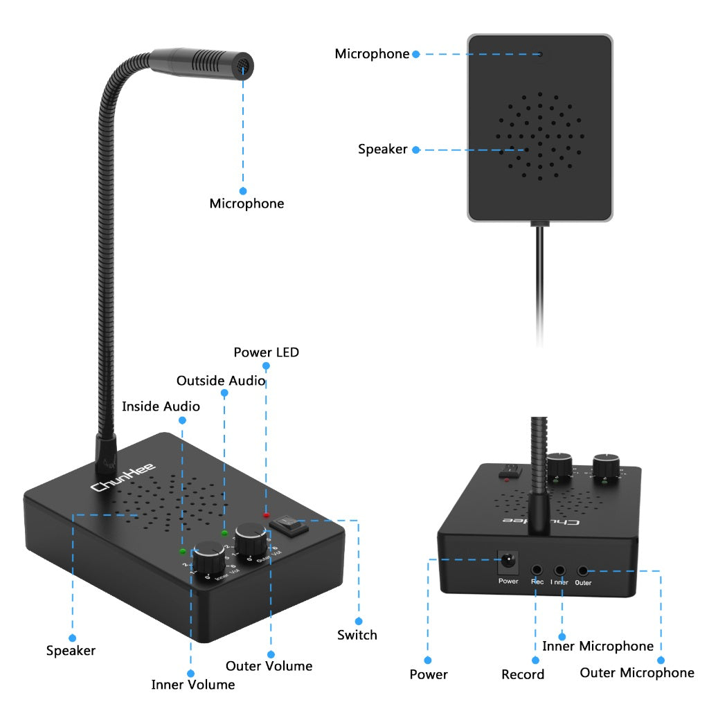 Anti-Interference Window Microphone with flexible mic, speakers, volume controls, and power switch