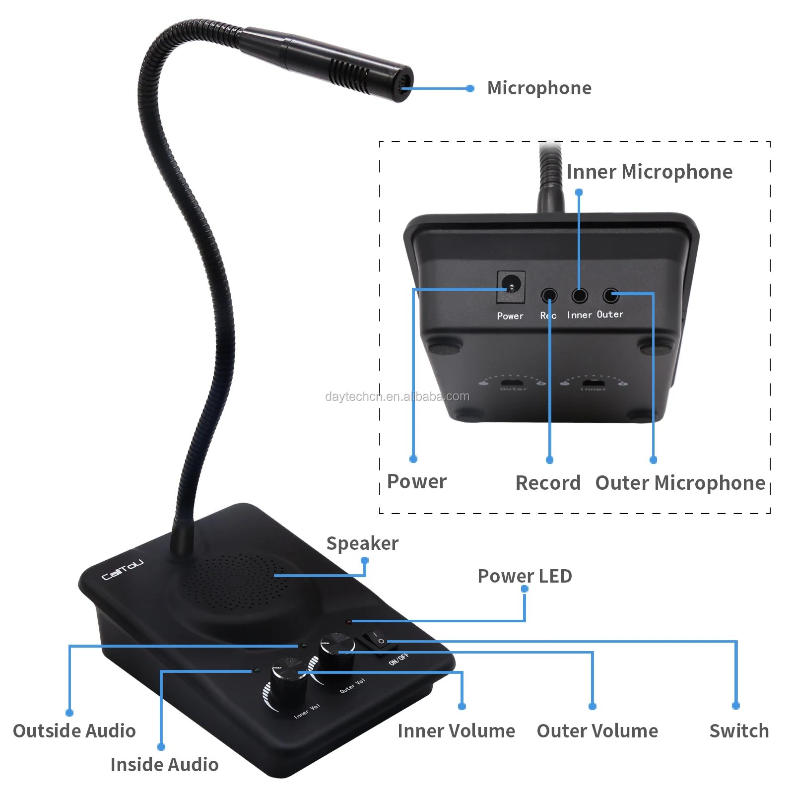 Anti-Interference Window Microphone with flexible gooseneck, volume controls, and recording features