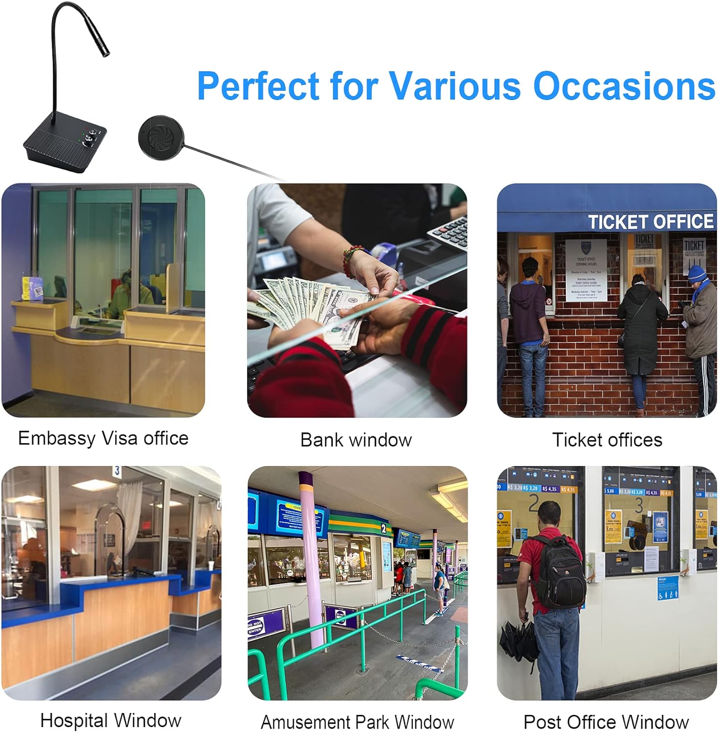 Anti-Interference Window Microphone shown with use cases including embassy visa, bank, ticket, hospital, amusement park, and post office windows