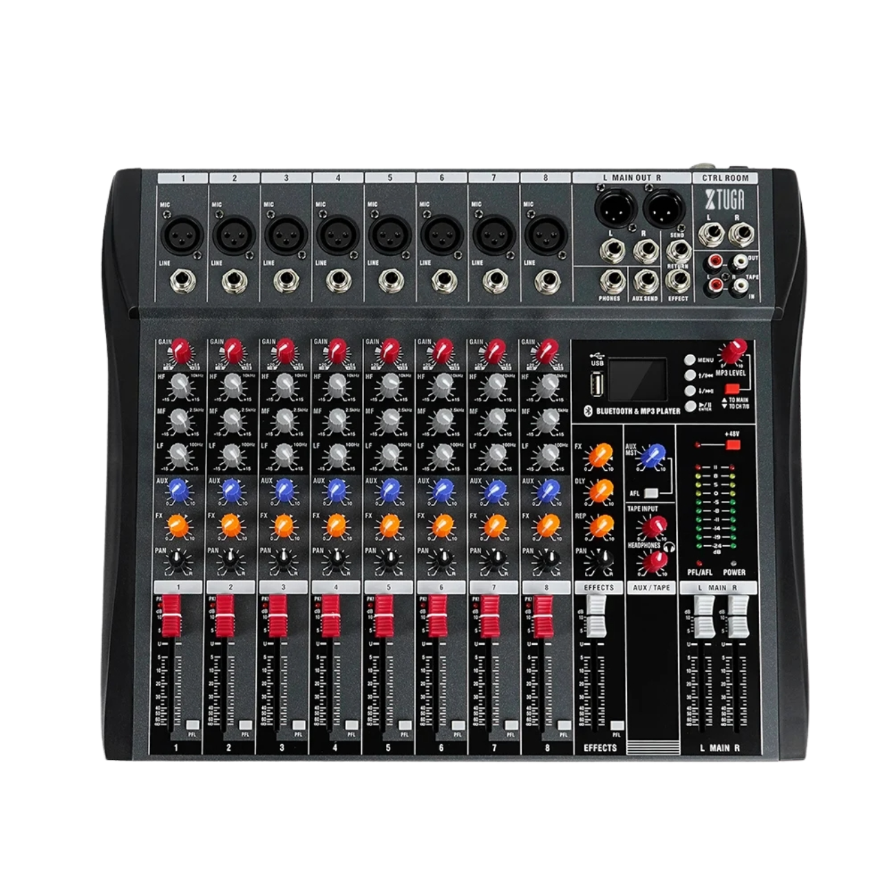 Audio Mixer Console with multiple channels, effects controls, and Bluetooth connectivity for professional sound mixing