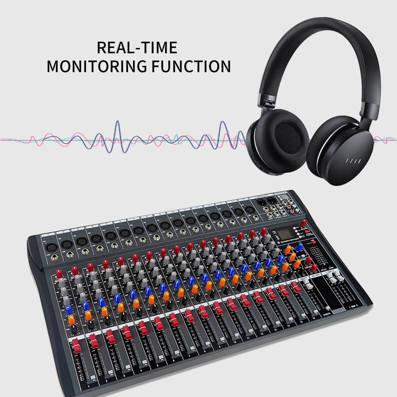 Audio Mixer Console with Real-Time Monitoring Function and Headphones for Enhanced Sound Mixing