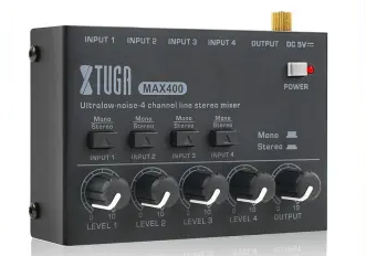 XTUGA MAX400 Ultra Low Noise 4 Channel Line Stereo Mixer 4 Input 1 Output DC 5V Portable Mini Audio Mixer Microphone Guitar Bass Keyboard Mixers for Club Bar Stage Studio Keyboard Console Instrument Audio Interface Audio Mixer 4 channel Instrument Mixer