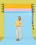VMIDirect Background Props featuring vibrant yellow, blue, and pink paper rolls for photography