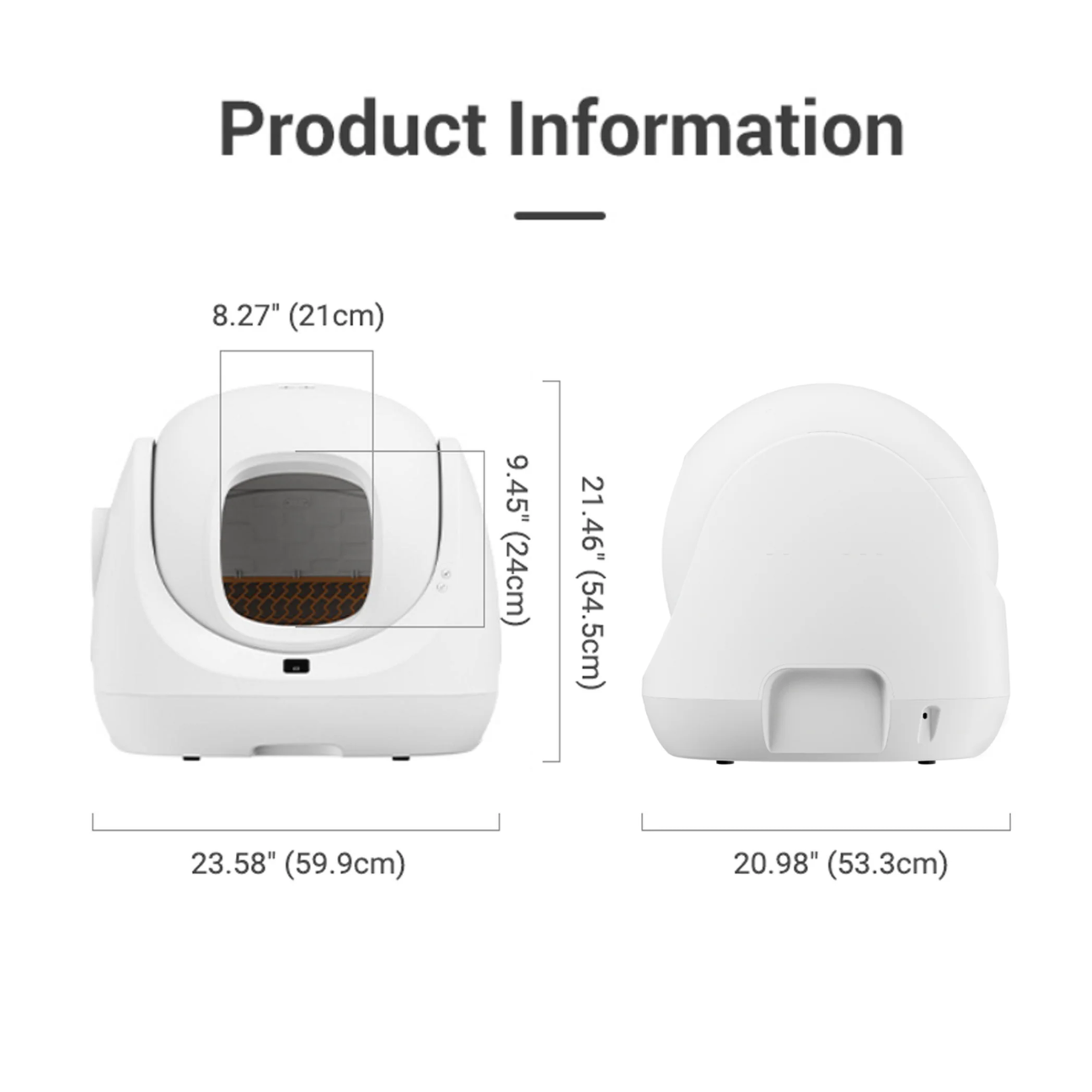 VMI Cat Litter Box with Baymax scooper se, featuring dimensions for easy setup and use