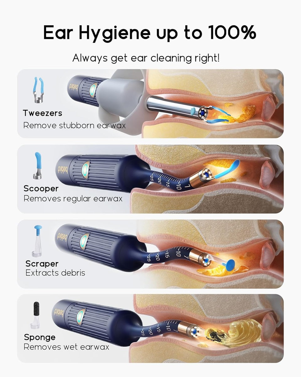 Bebird I35R ear cleaning camera tools including tweezers, scooper, scraper, and sponge for effective ear hygiene
