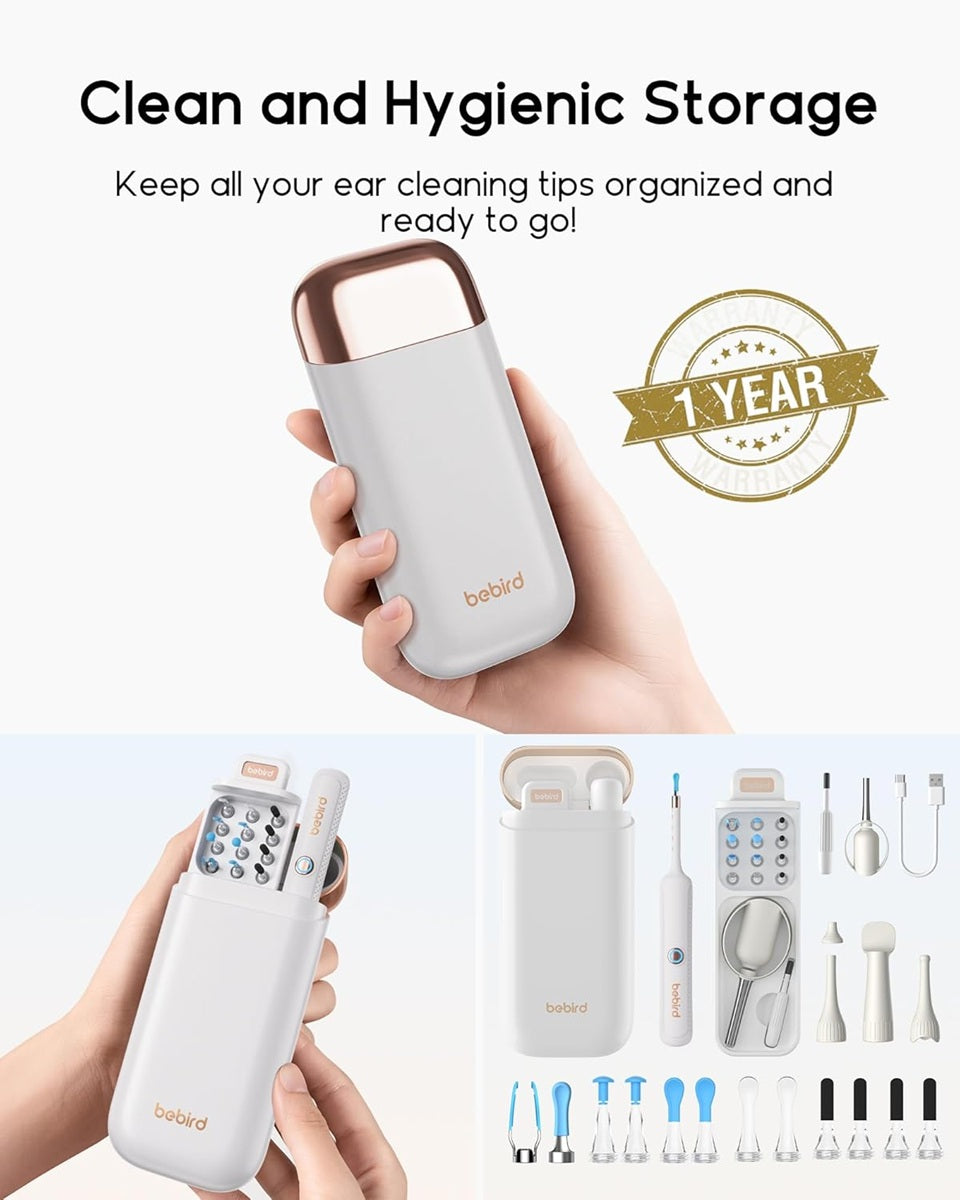 Bebird otoscope ear wax removal tool in a clean storage case with various ear cleaning tips included