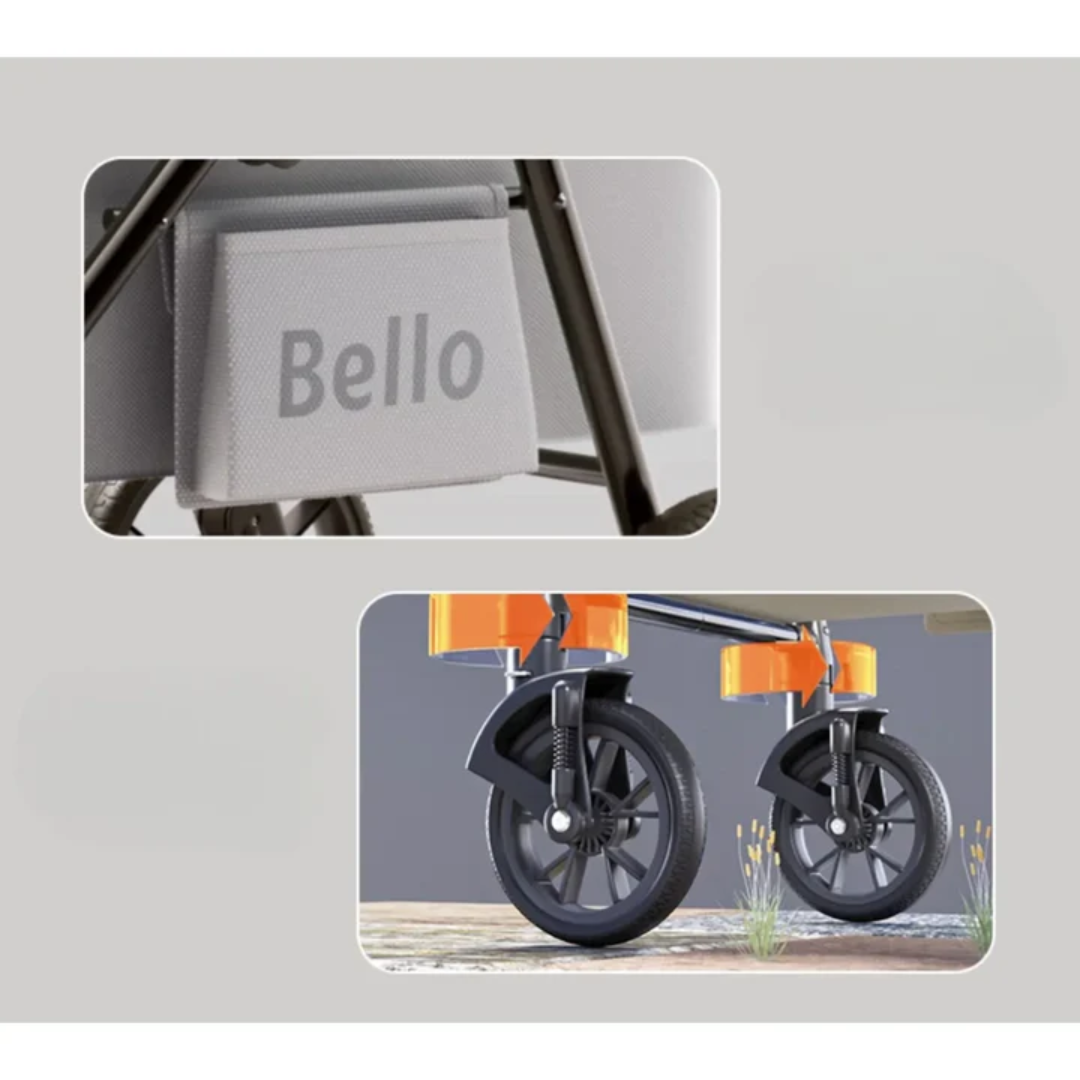 Close-up of VMIDirect pet stroller features, including storage pocket and sturdy wheels