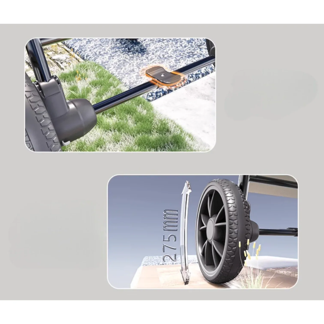 Close-up view of a VMIDirect pet stroller featuring large wheels and innovative braking system for easy maneuverability