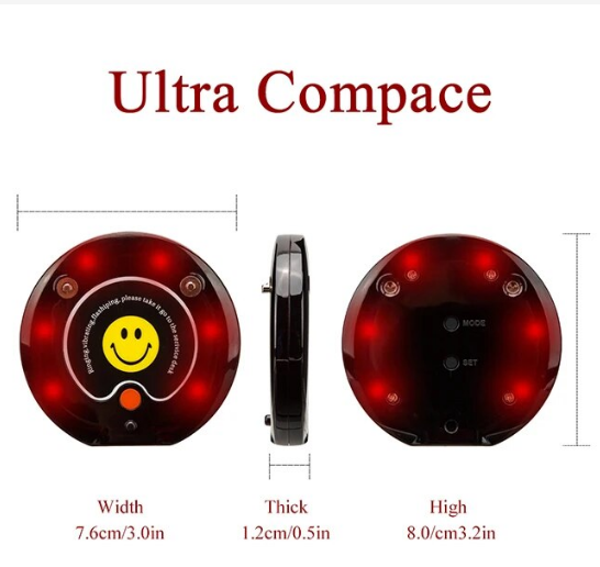 Ultra Compact Restaurant Guest Pager System showing front, side, and back views with dimensions, best beeper system for restaurants