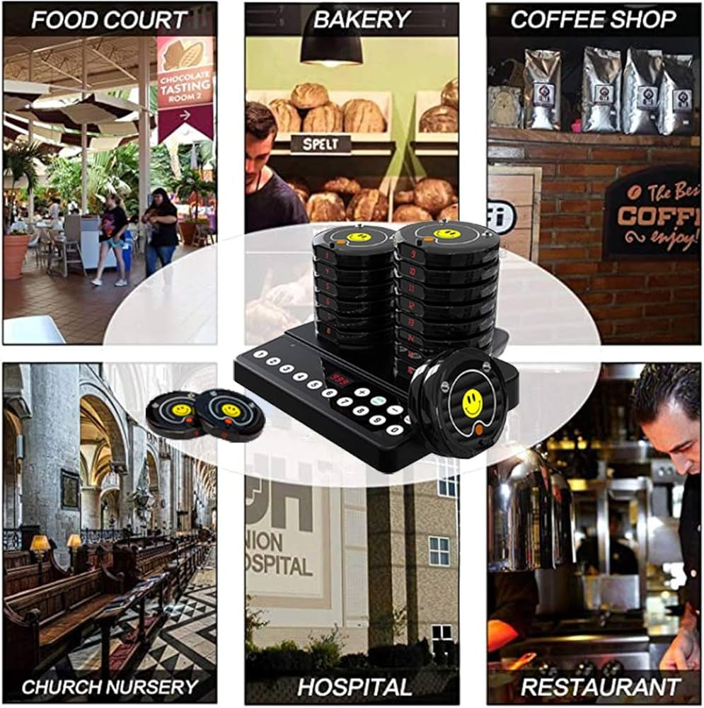 Best Beeper System for Restaurants guest pager system with multiple pagers and base unit in food court bakery coffee shop and more