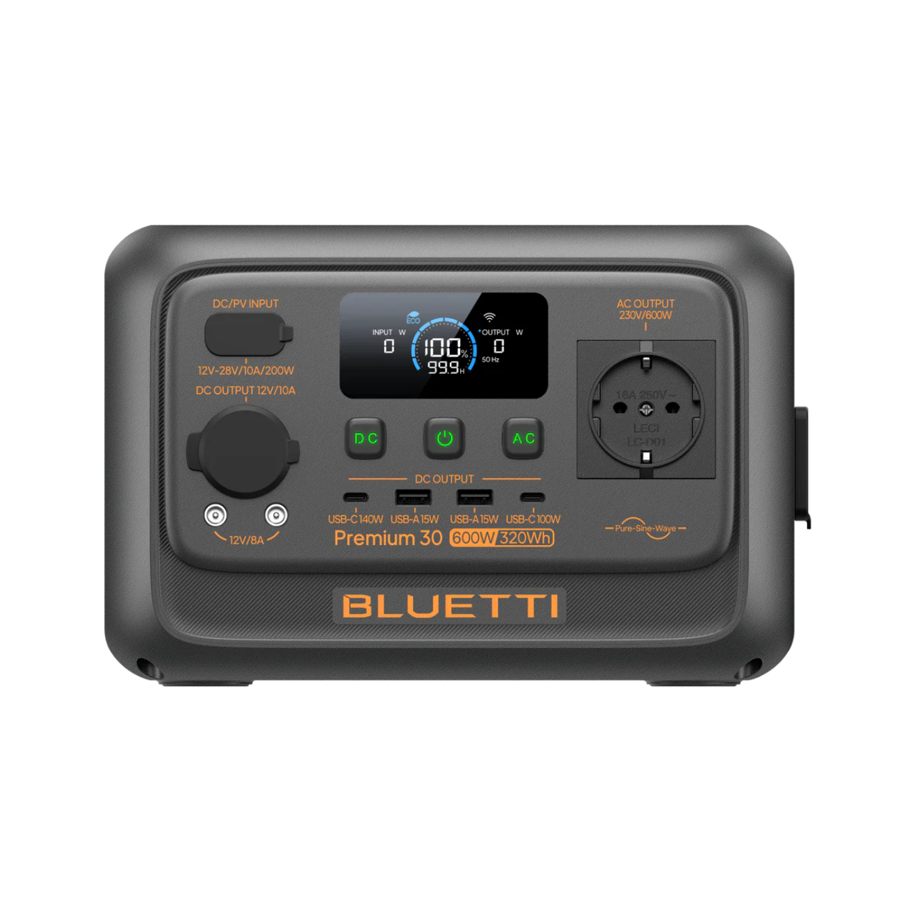 BLUETTI Premium 30 Portable Power Station with multiple output ports and digital display for versatile power needs