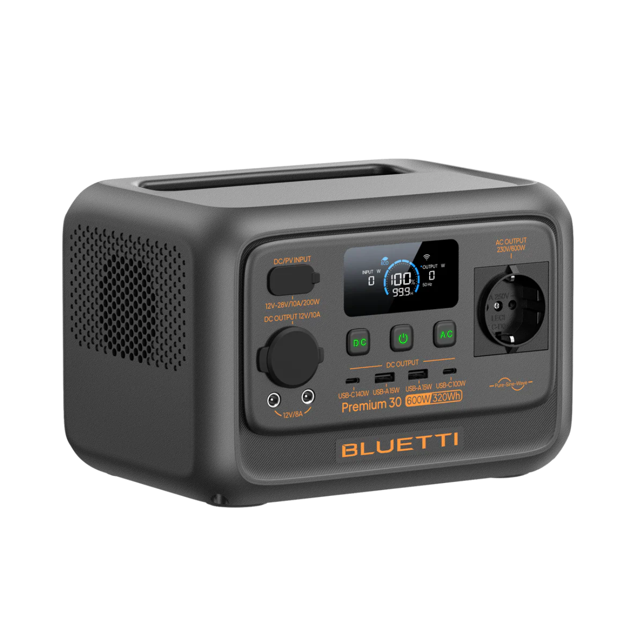 BLUETTI Premium 30 Portable Power Station with multiple charging ports and a digital display