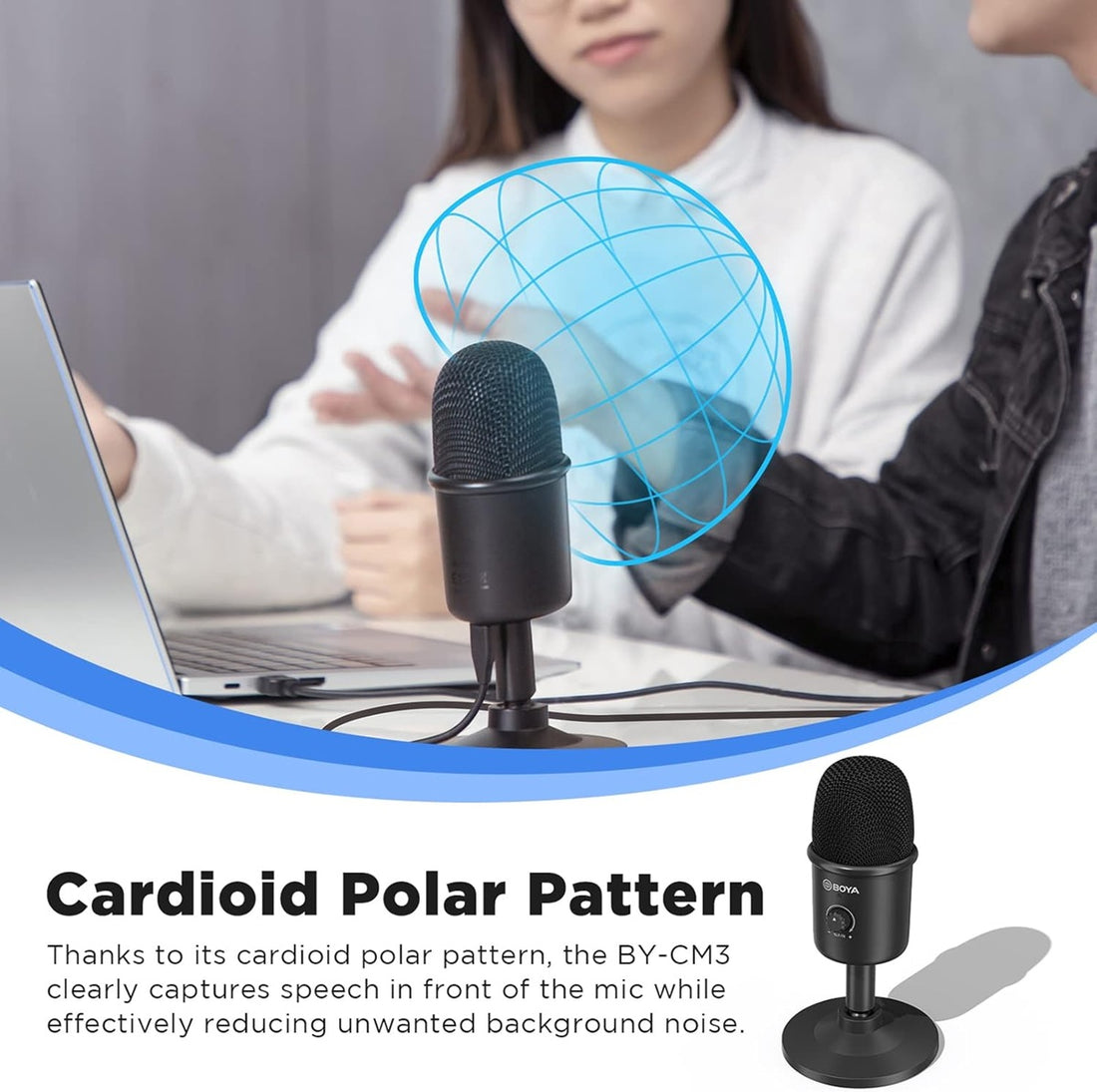 BOYA BY-CM3 USB condenser microphone with adjustable gain control and sturdy desktop stand