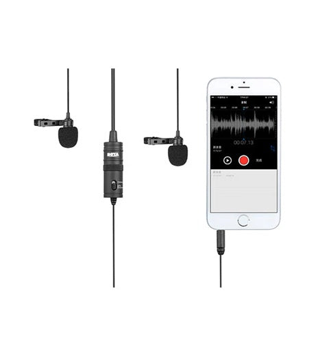 BOYA BY-M1DM dual lavalier microphone with dual clips and long cable for clear audio recording