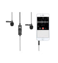 BOYA BY-M1DM dual lavalier microphone setup with two clip-on mics and smartphone for clear audio recording