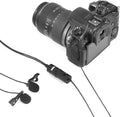BOYA BY-M1DM dual lavalier microphone connected to a DSLR camera for clear audio recording