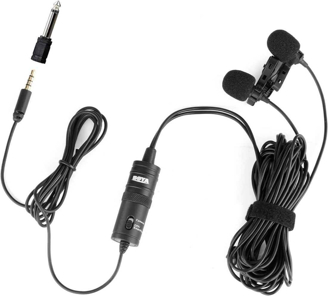 BOYA BY-M1DM dual lavalier microphone with dual clips and long cable for clear audio recording