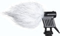 Boya BY-VM01 condenser microphone with a furry windscreen for improved audio clarity outdoors