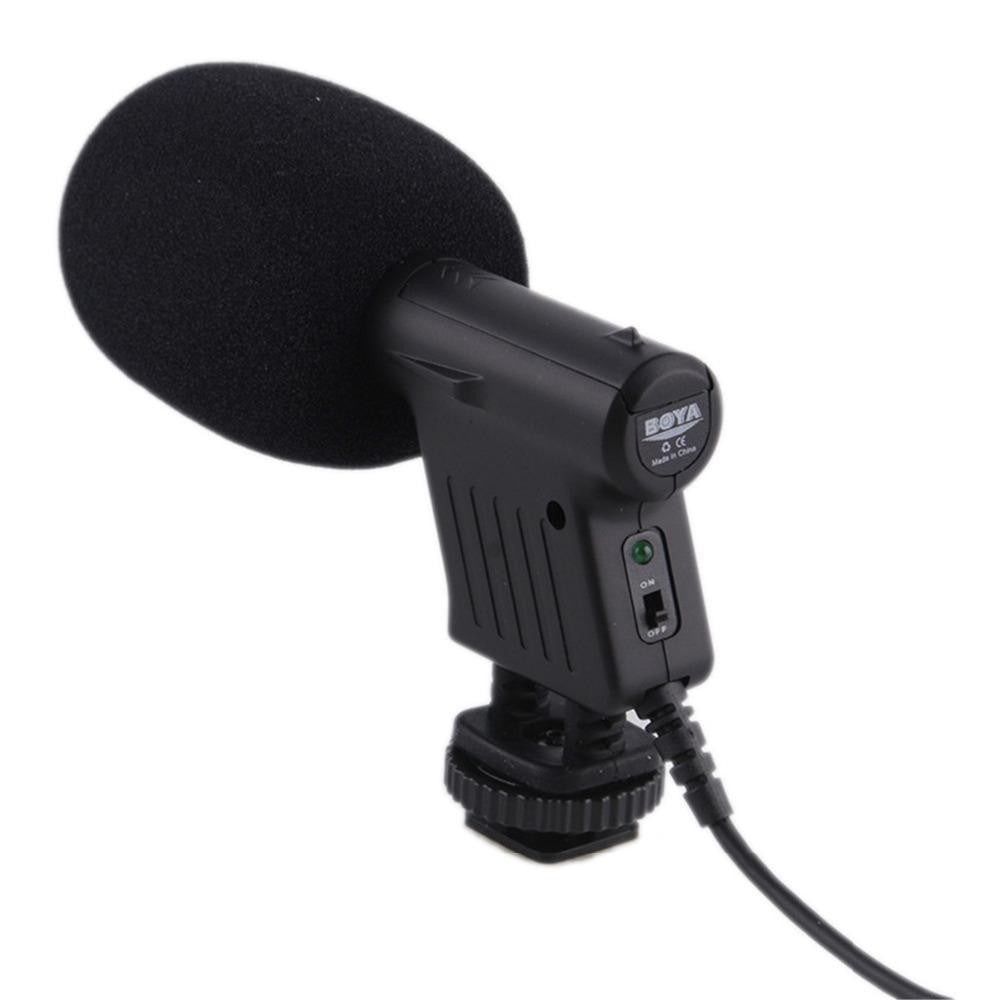 Boya BY-VM01 condenser microphone with windscreen for improved audio recording quality