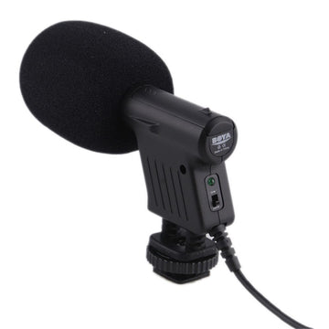 Boya BY-VM01 condenser microphone with windscreen for improved audio recording quality