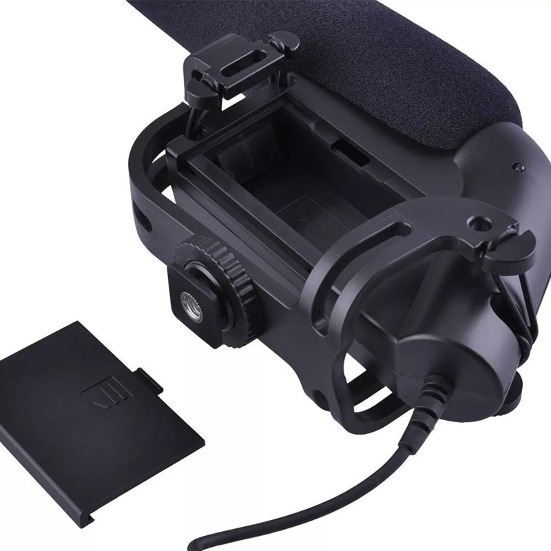BOYA BY-VM190 video microphone attached to a camera with windscreen and accessories for clear audio recording