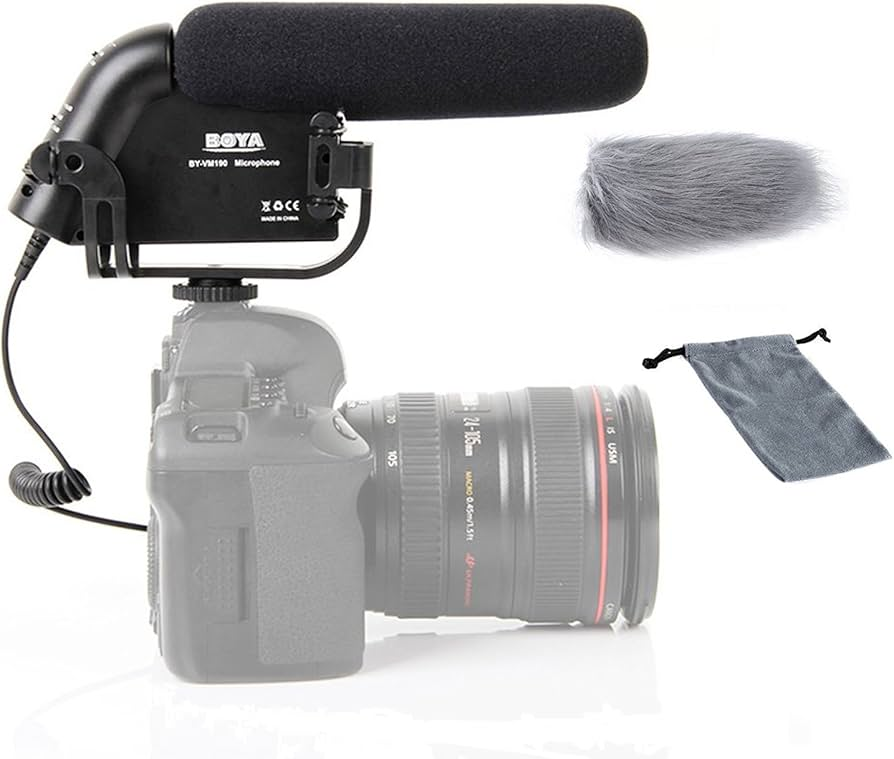 BOYA BY-VM190 video microphone attached to a camera with windscreen and accessories for clear audio recording